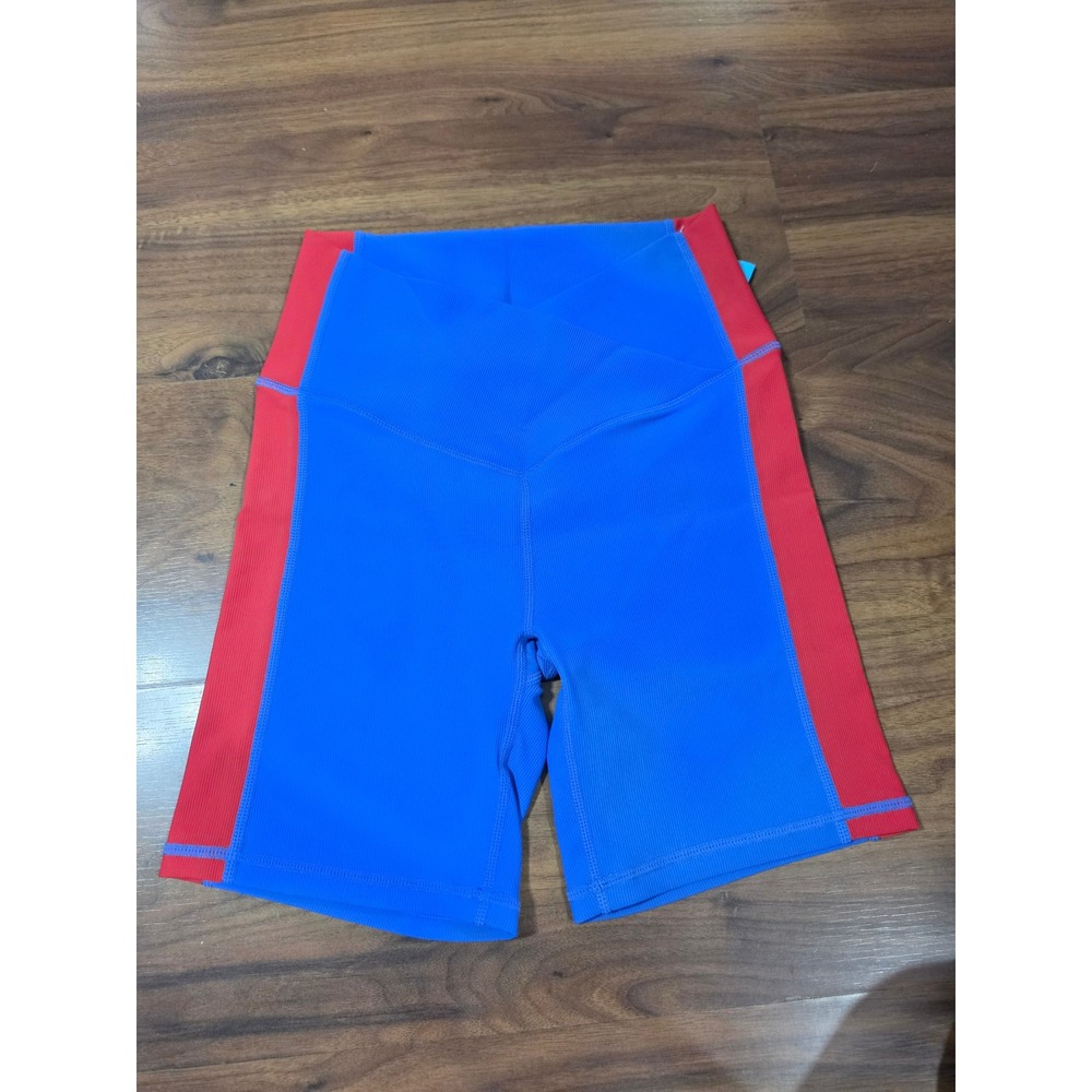 NWOT WILO The Label Biker Shorts Small Blue Red Ribbed Crossover Waistband